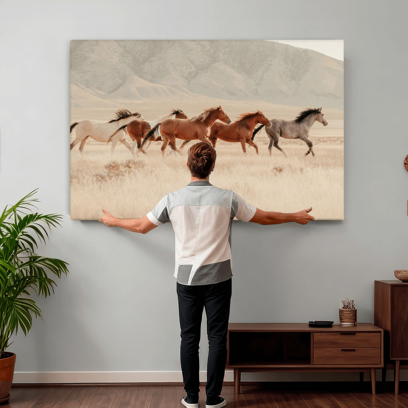 43348446-MGV-CV-36X24 - Herd of Wild Horses Running in Desert Mountain Wall Art Canvas Print - Boho Western Landscape