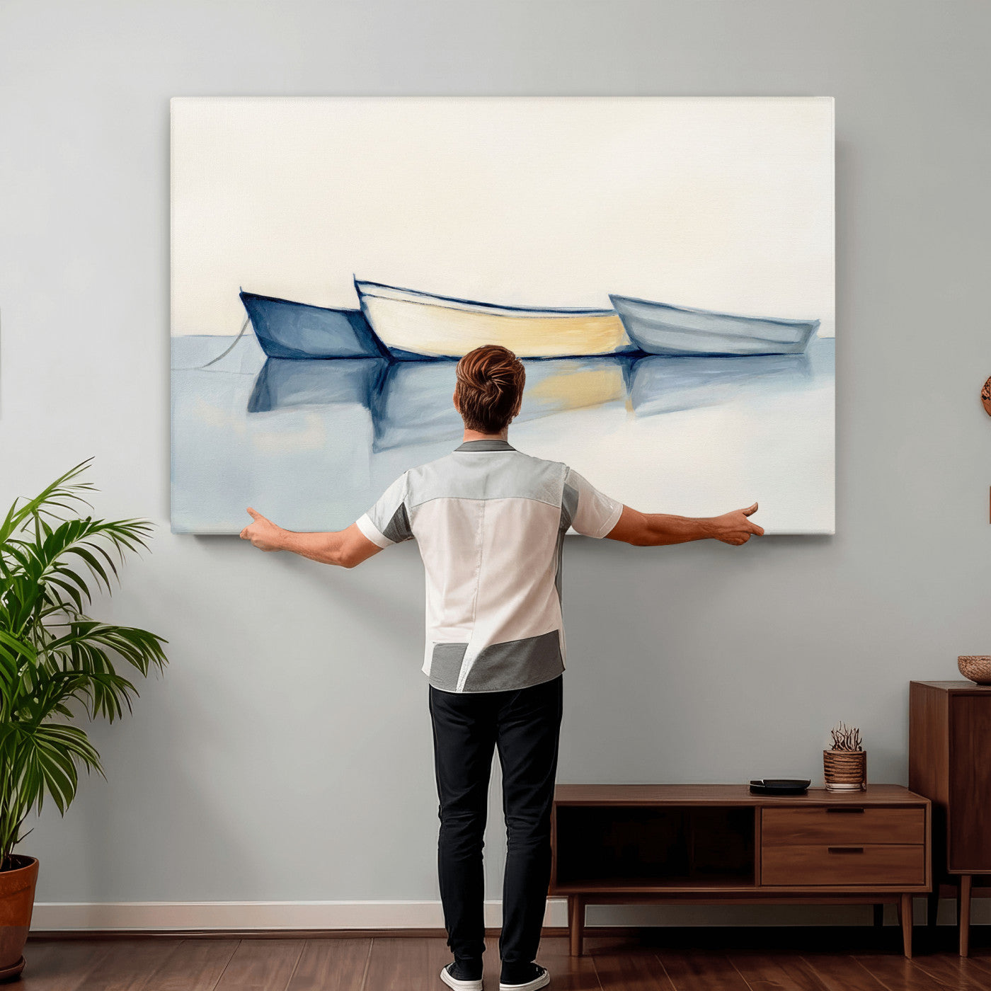 84017361-MGV-CV-36X24 - Abstract Three Boats Reflecting on Water Wall Art Canvas Print - Minimalist Coastal Seascape