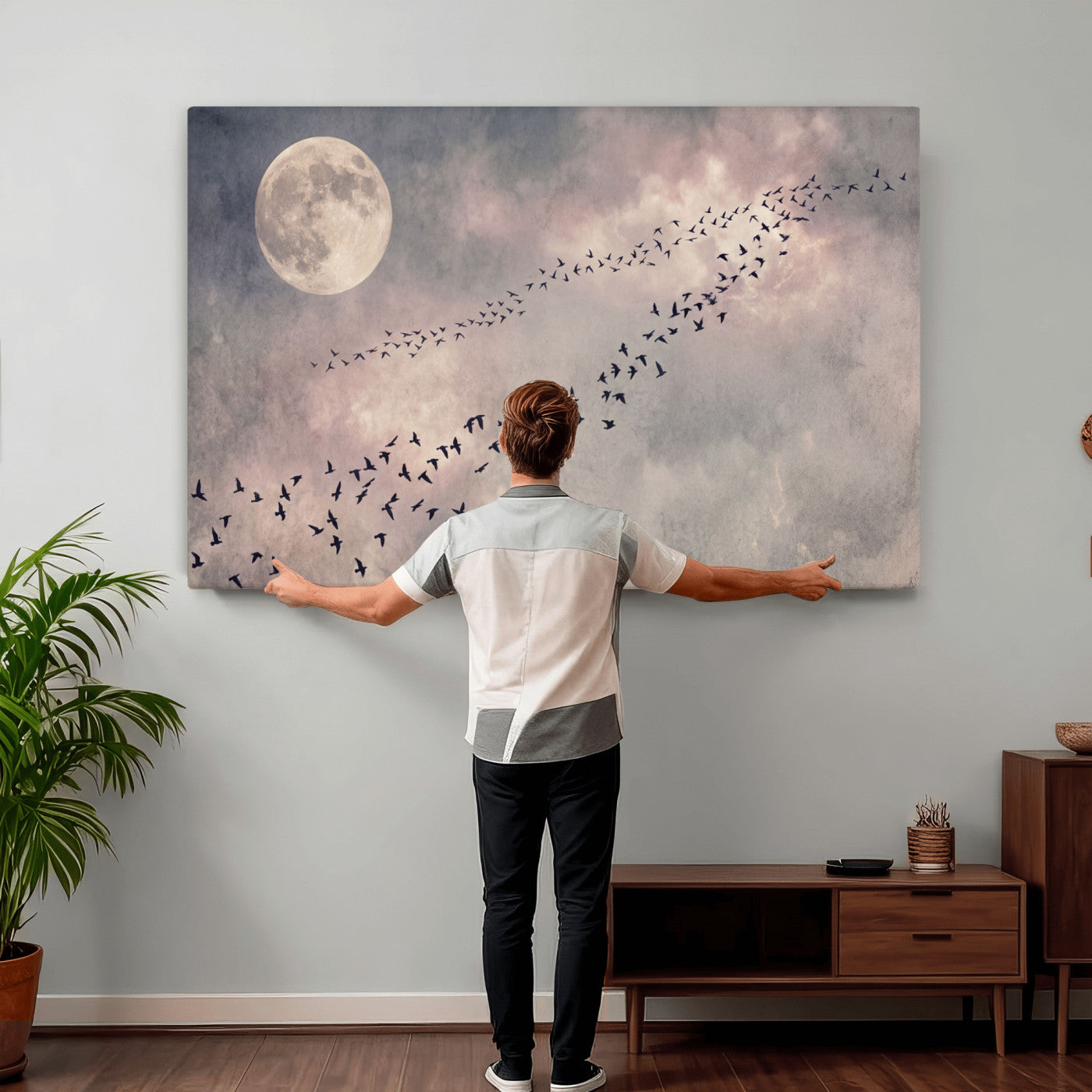 52339590-MGV-CV-36X24 - Birds Flying to Moon Wall Art Canvas Print - Vintage Surreal Night Sky Sky Print