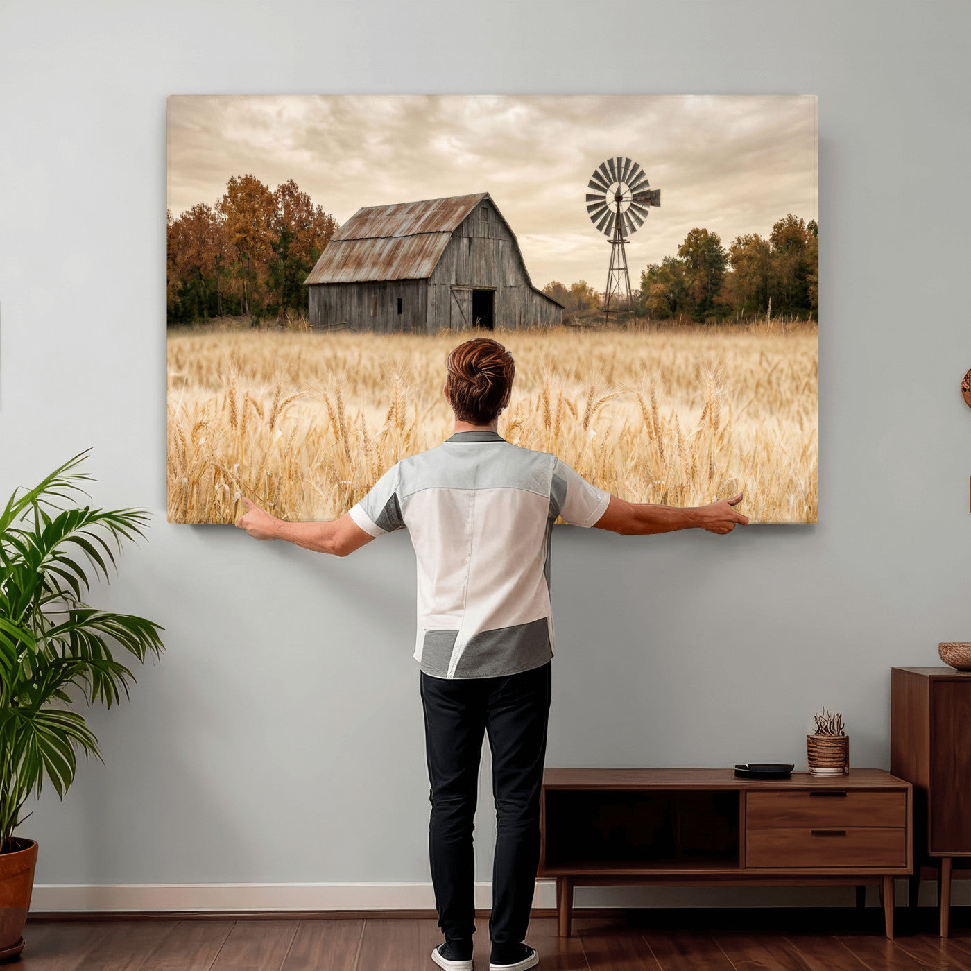 99640659-MGV-CV-36X24 - Rustic Farmhouse Barn and Windmill Wall Art Canvas Print, Country Landscape Photography Print