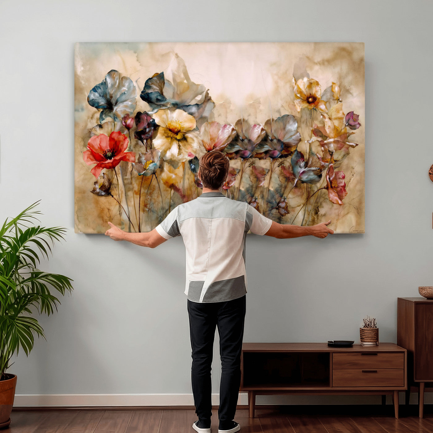 11407233-MGV-CV-36X24 - Vintage Dried Floral Meadow Wall Art Canvas Print, Translucent Watercolor Flowers Painting Print