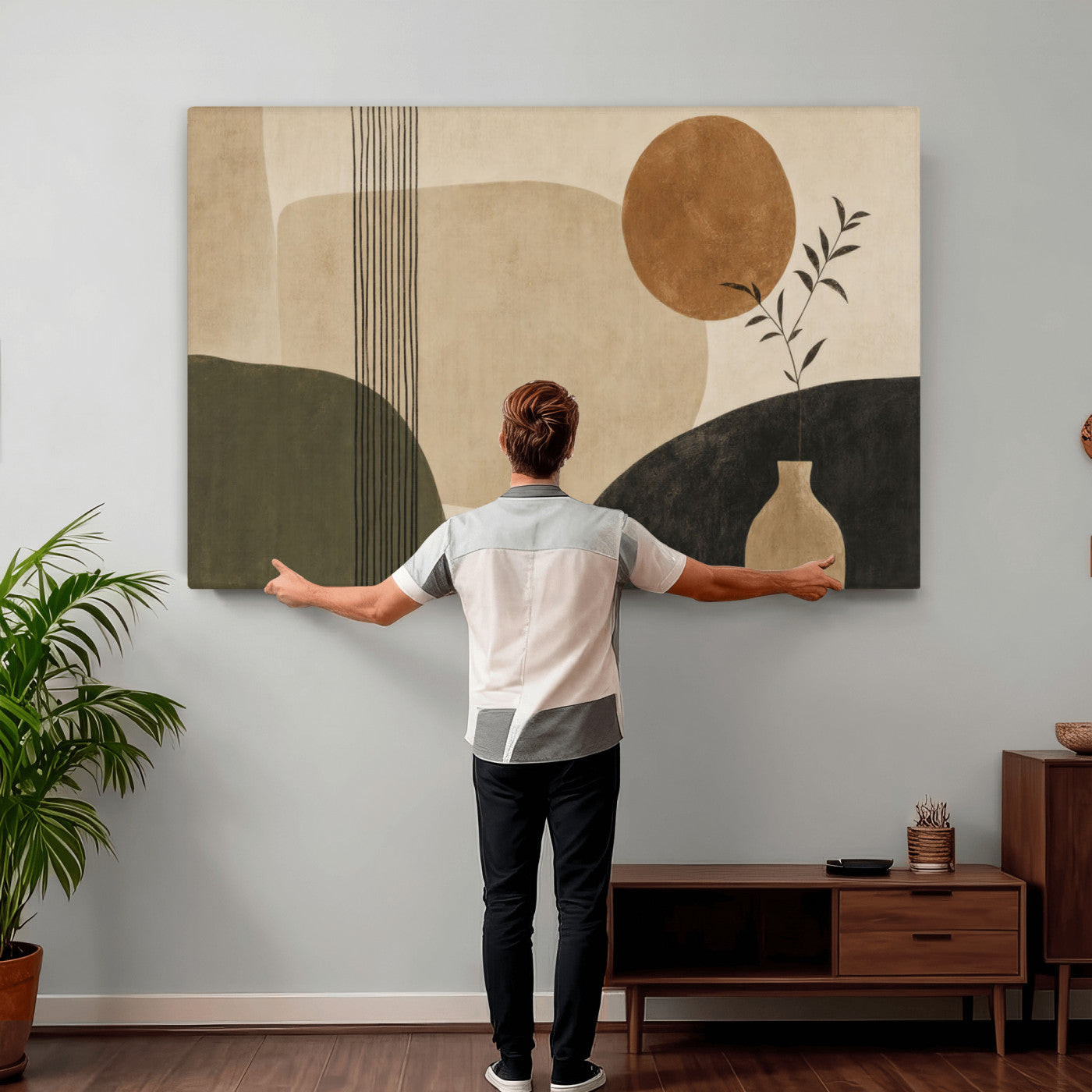29113684-MGV-CV-36X24 - Japandi Minimalist Abstract Wall Art Canvas Print, Sage Green and Terracotta Sun Botanical Painting Print