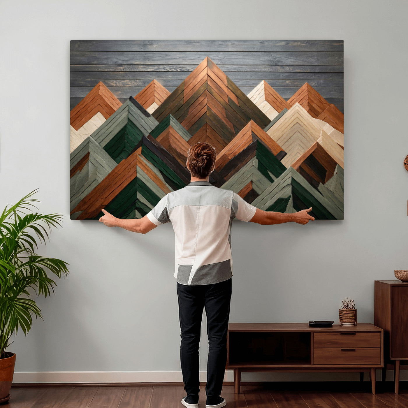 84617347-MGV-CV-36X24 - Geometric Wood Mountain Wall Art Canvas Print, 3D Look Rustic Mosaic Landscape Print
