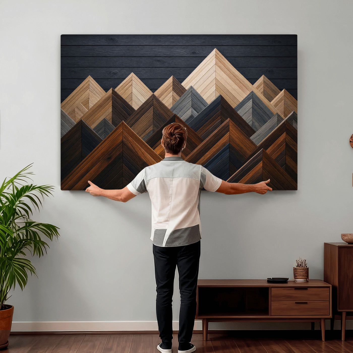 70531117-MGV-CV-36X24 - Geometric Wood Mountain Wall Art Canvas Print, 3D Look Rustic Mosaic Landscape Print