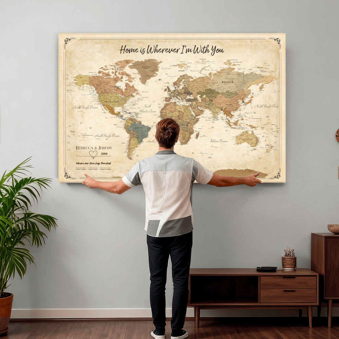 Custom Cream Vintage Push Pin Travel Map Canvas Print, Couples Countries Visited Map, Dining Room and Entryway Decor