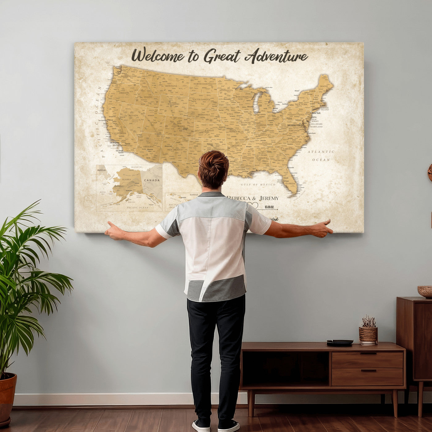 81437082-MGV-CV-36X24 - Custom Push Pin Travel USA Map Canvas Print, Cream Personalized Travel Tracker America Map, Anniversary Traveler Gift