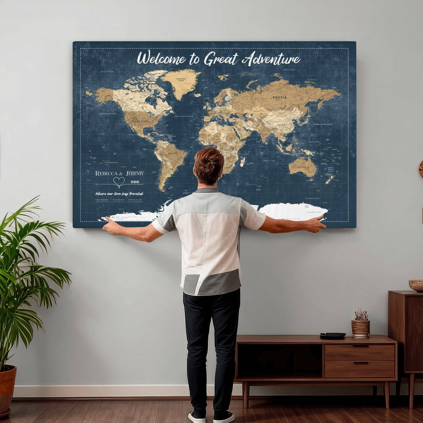 57167164-MGV-CV-36X24 - Custom Push Pin Travel Map Canvas Print, Cream Personalized Travel Tracker Map, Anniversary Gift, Vintage World Map Wall Art