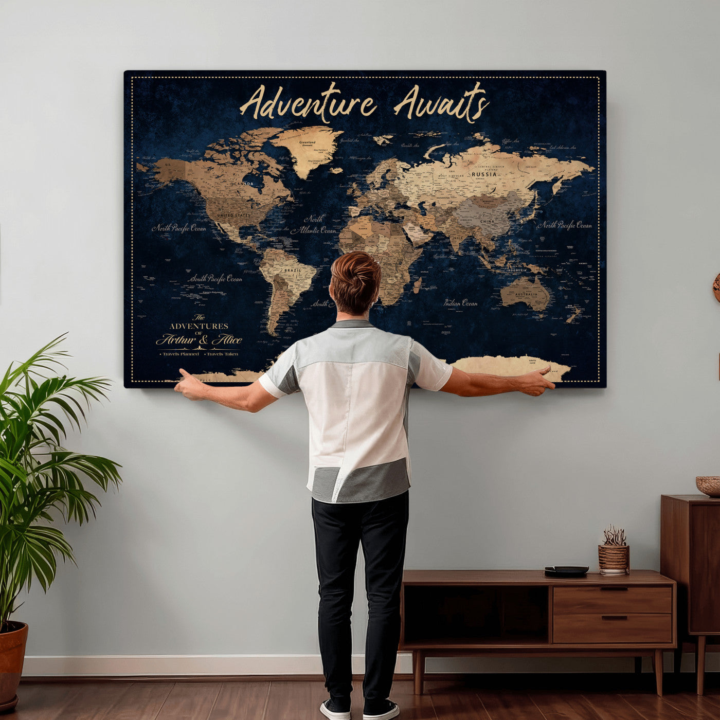 57167164-MGV-CV-36X24 - Custom Push Pin Travel Map Canvas Print, Navy Blue Personalized Travel Tracker Map, Anniversary Gift, Vintage World Map Wall Art