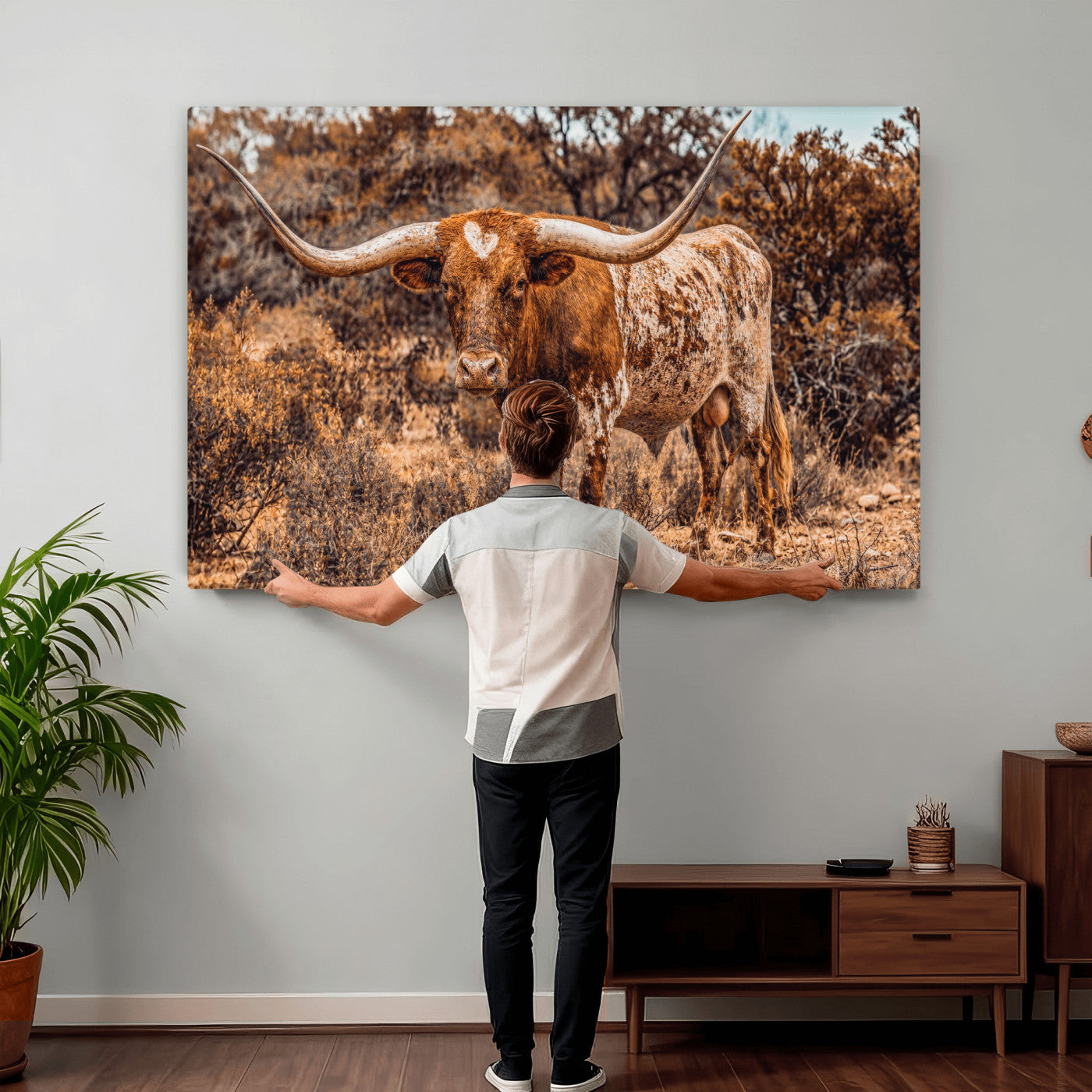 62076449-MGV-CV-36X24 - Texas Cow Bull Longhorn Print for Western Wall Art Decor for Farmhouse