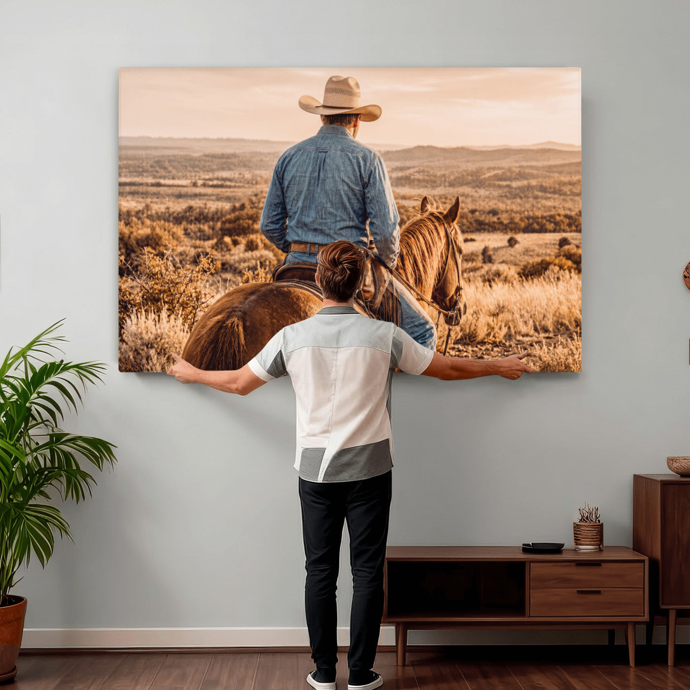 62076449-MGV-CV-36X24 - Texas Cowboy and Horse Print for Western Wall Art Decor for Farmhouse