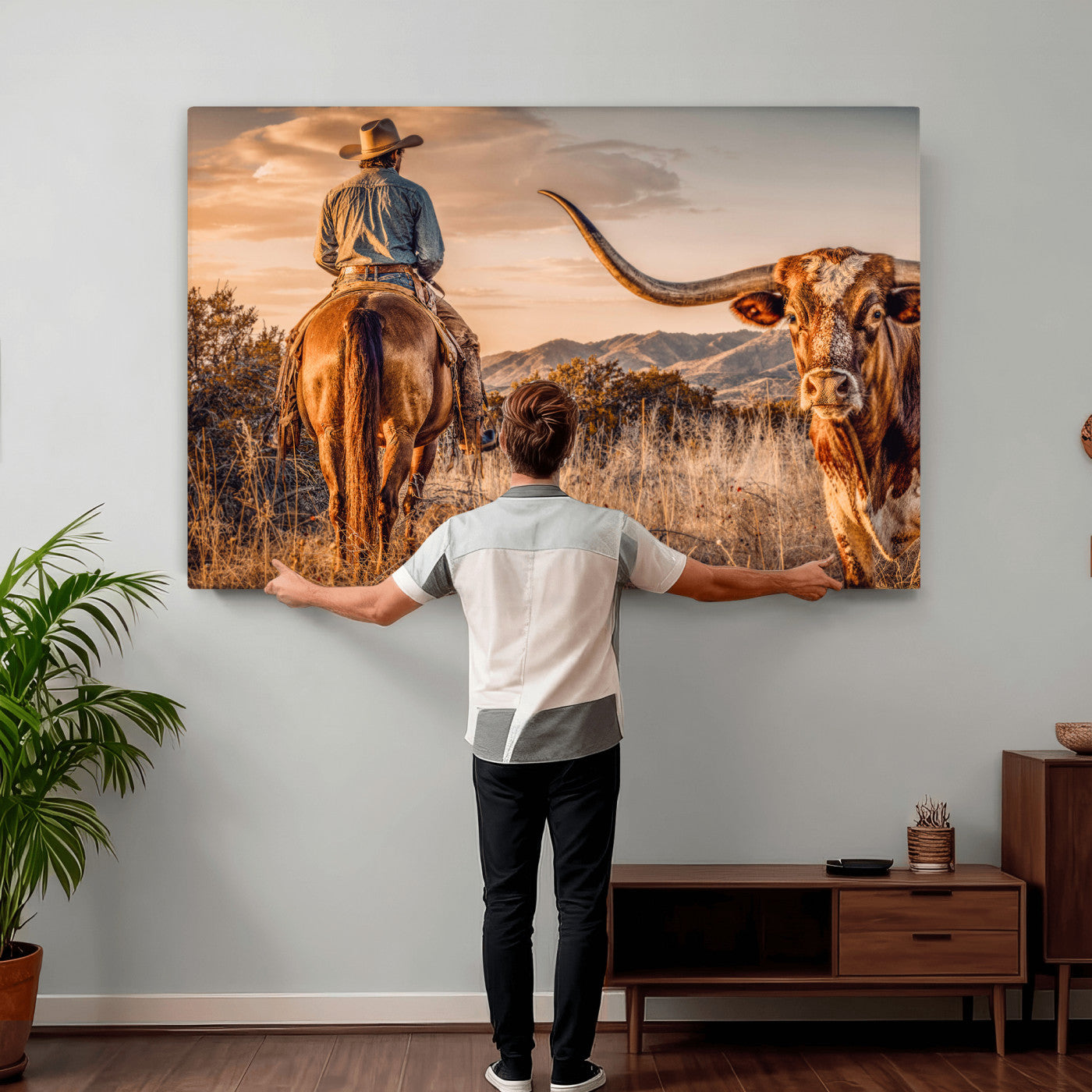 62076449C-MGV-CV-36X24 - Texas Cowboy and Longhorn Bull Print for Western Wall Art Decor for Farmhouse