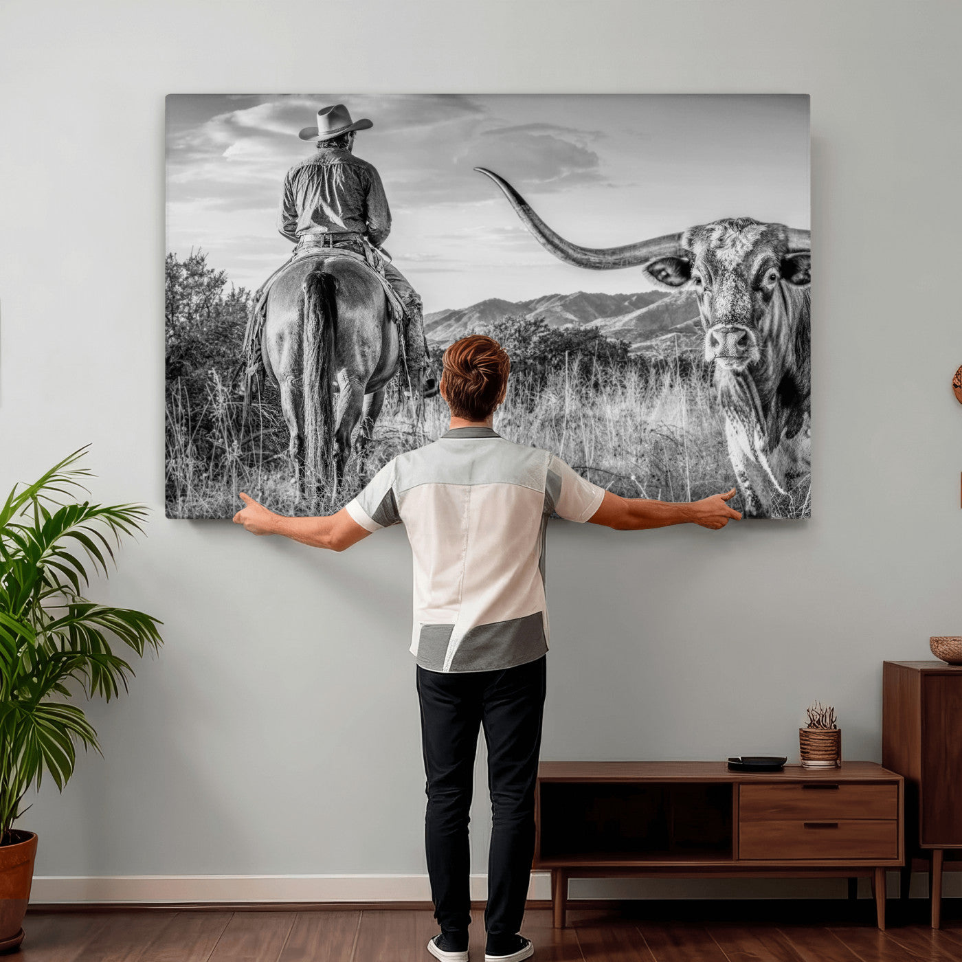62076449WB-MGV-CV-36X24 - Texas Cowboy and Longhorn Bull Print for Western Wall Art Decor for Farmhouse