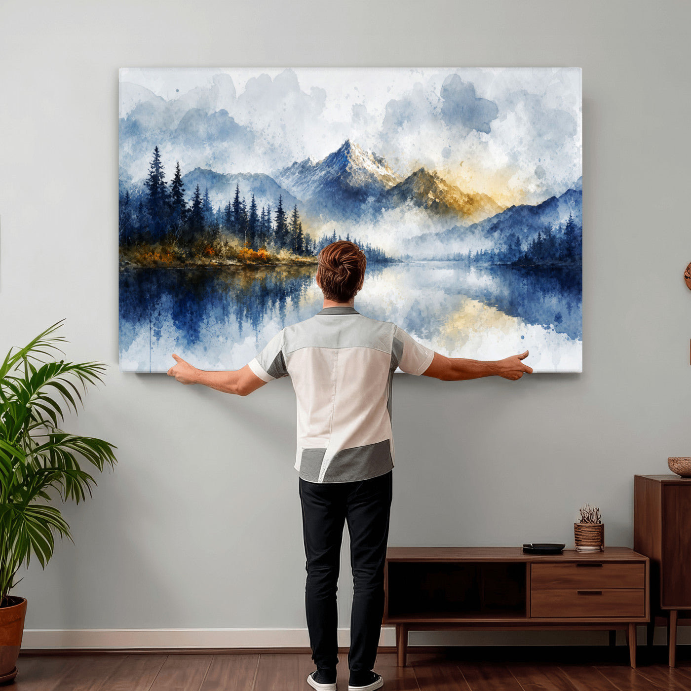 62076449DG-MGV-CV-36X24 - Abstract Watercolor Mountain Lake Wall Art Print for Living Room Decor