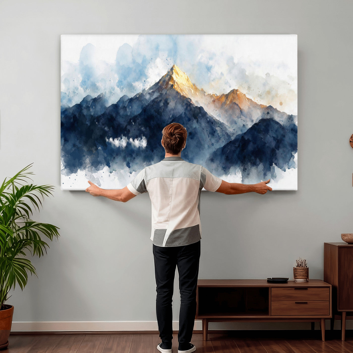 62076449DG1-MGV-CV-36X24 - Abstract Watercolor Mountain Lake Wall Art Print for Living Room Decor