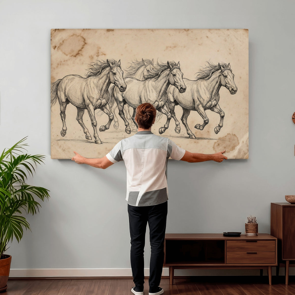 56046981-MGV-CV-36X24 - Sepia Wild Horses Canvas Art, Antique Pencil Drawing Print, Vintage Gallery Wall Decor, Rustic Equestrian Artwork, Traditional Den Gift