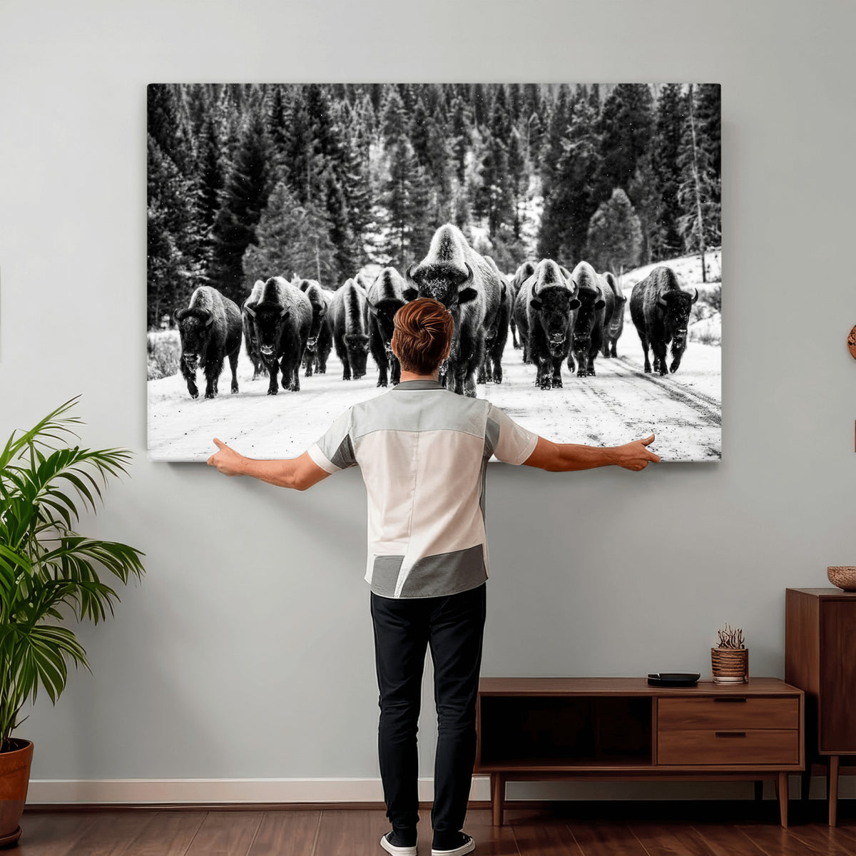 79337077-MGV-CV-36X24 - Black and White Bison Canvas Art, American Buffalo Print, Winter Wildlife Photography, Rustic Forest Wall Decor, Large Statement Nature Gift