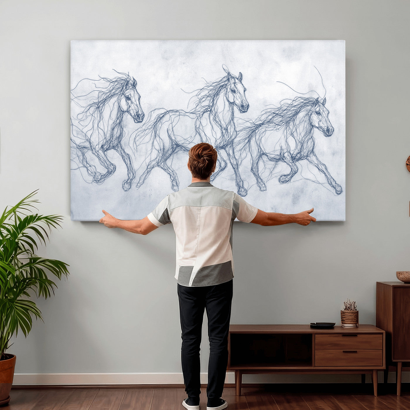 41163601-MGV-CV-36X24 - Indigo Blue Horse Line Art Canvas, Steel Grey Wild Horses Print, Abstract Navy Scribble Artwork, Modern Slate Equine Wall Decor, Coastal Ranch Gift