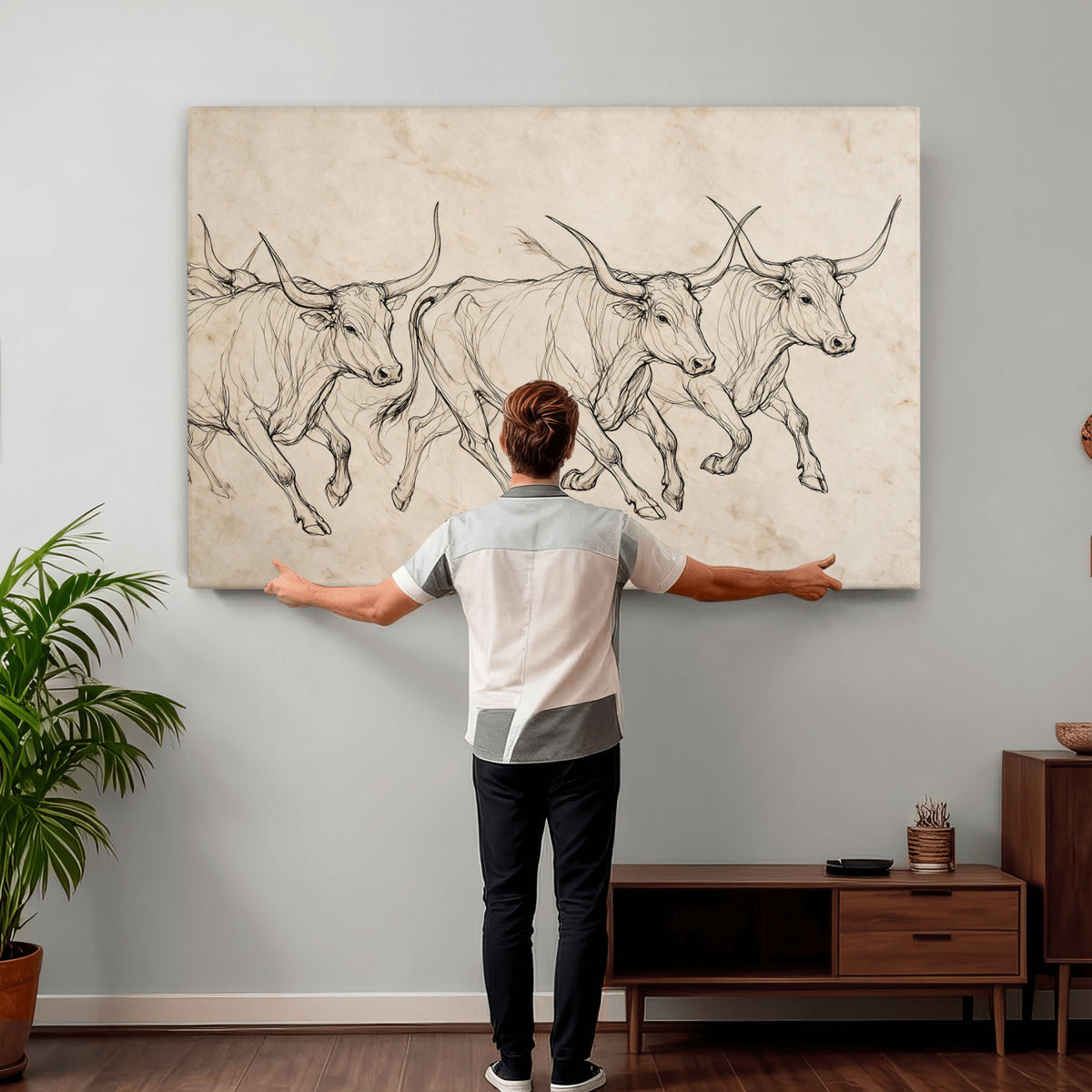 87177621-MGV-CV-36X24 - Minimalist Longhorn Line Art, Modern Texas Bull Canvas Print, Abstract Western Wall Decor, Continuous Line Artwork, Black White Ranch Gift