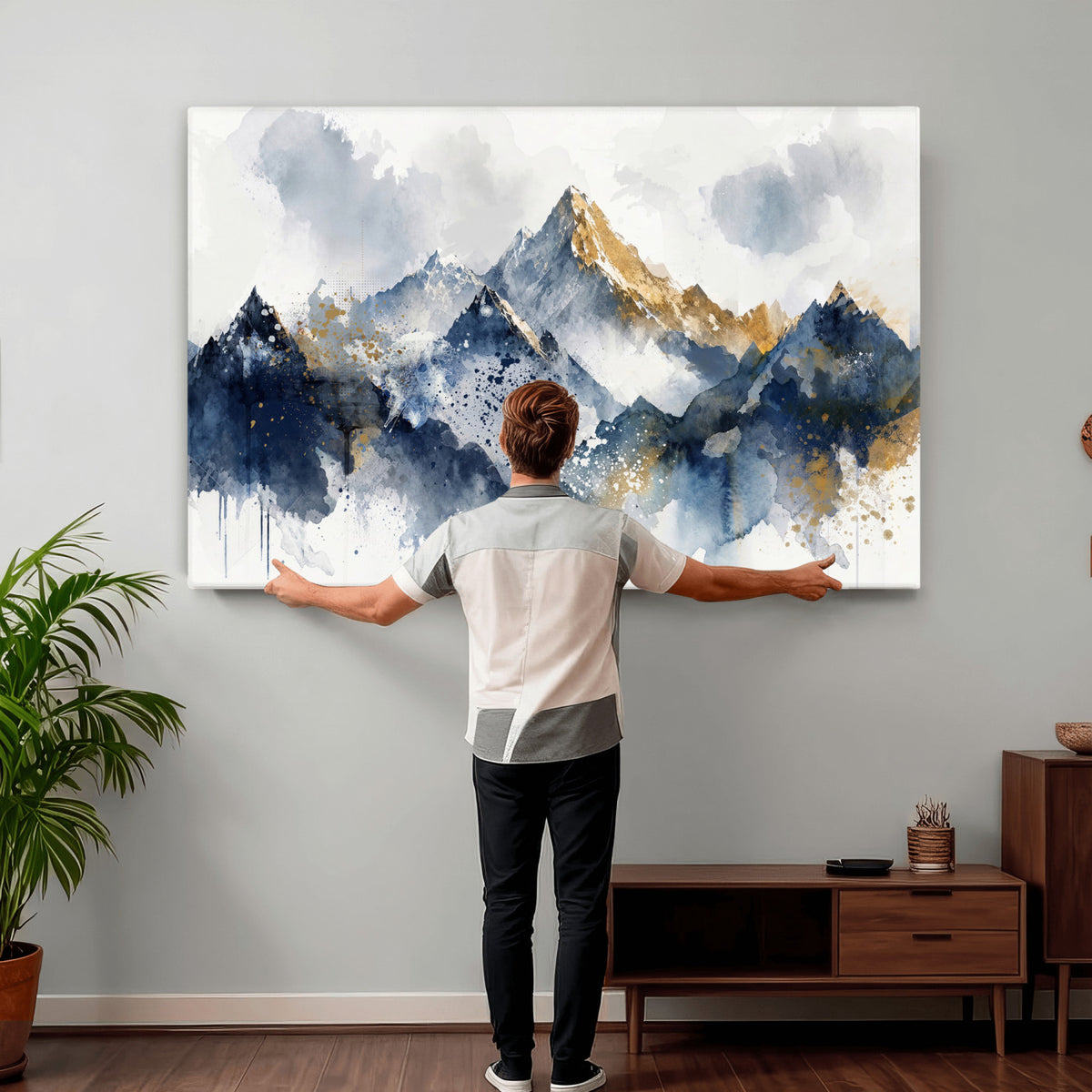 87460616-MGV-CV-36X24 - Abstract Mountain Canvas Wall Art, Blue Gold Foil Landscape Print, Modern Indigo Watercolor Poster, Large Abstract Nature, Luxury Office Gift