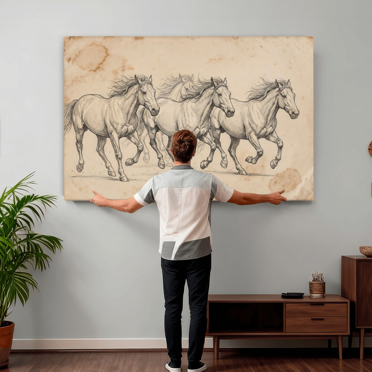 16644391-MGV-CV-36X24 - Vintage Horse Sketch Canvas Wall Art, Wild Horses Pencil Drawing Print, Antique Parchment Western Decor, Equine Sketching, Country Manor Gift