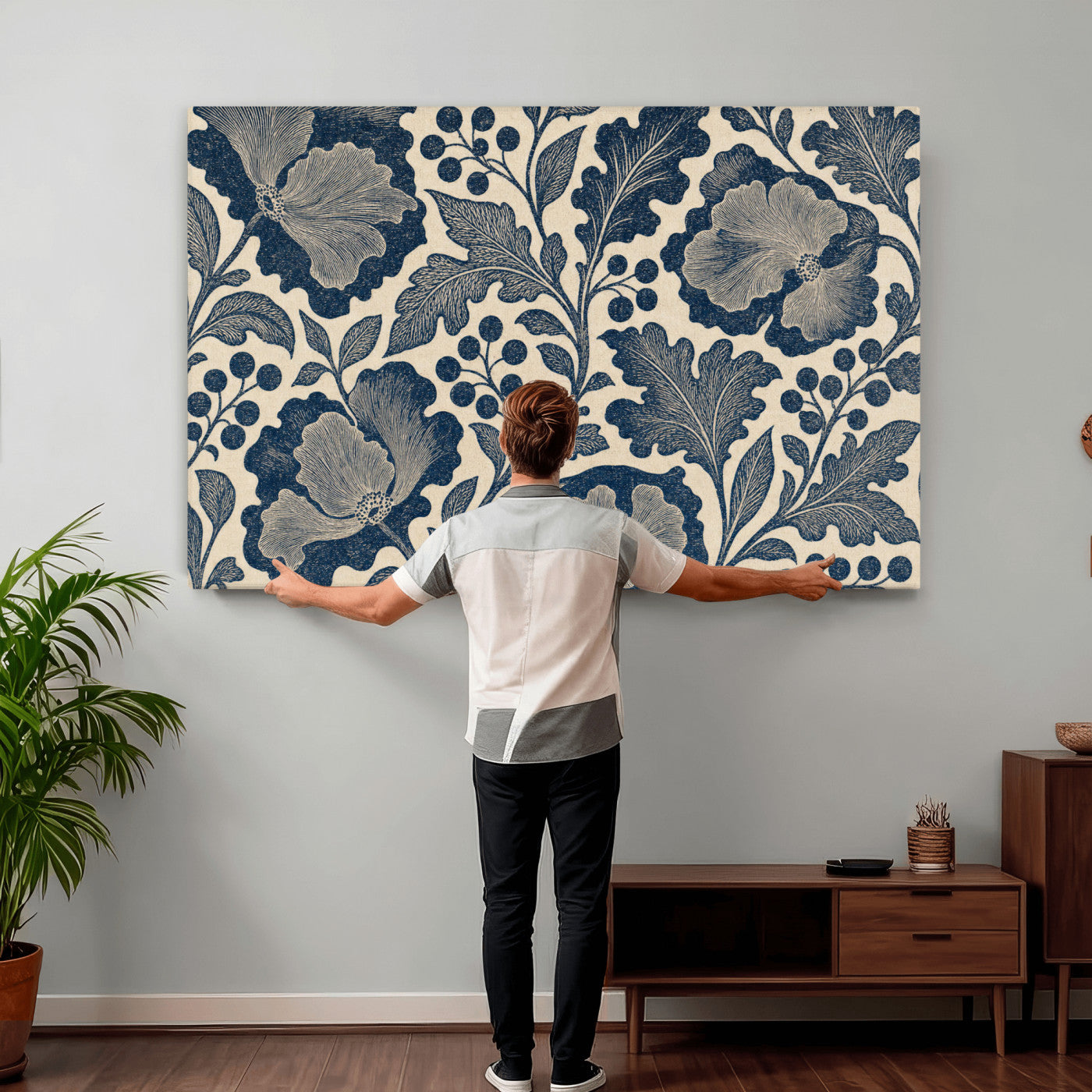 23824002-MGV-CV-36X24 - William Morris Style Navy Blue Floral Wall Art Canvas Print, Vintage Cream Botanical Painting Print