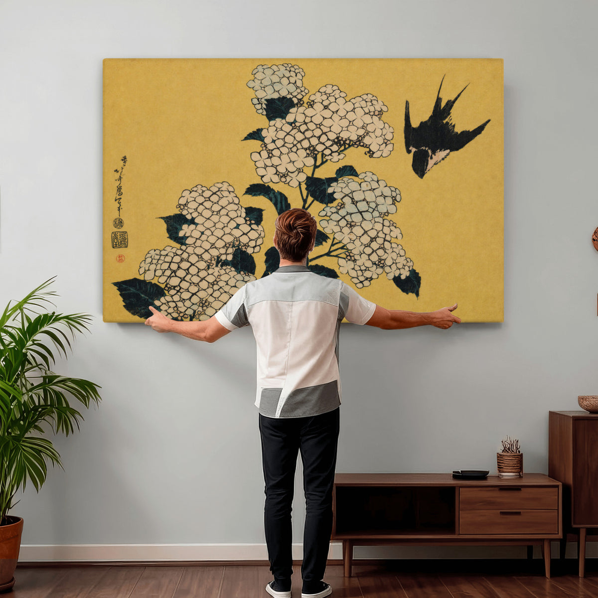92483501-MGV-CV-36X24 - Katsushika Hokusai Hydrangea and Swallow Wall Art Canvas Print, Japanese Woodblock Painting Print