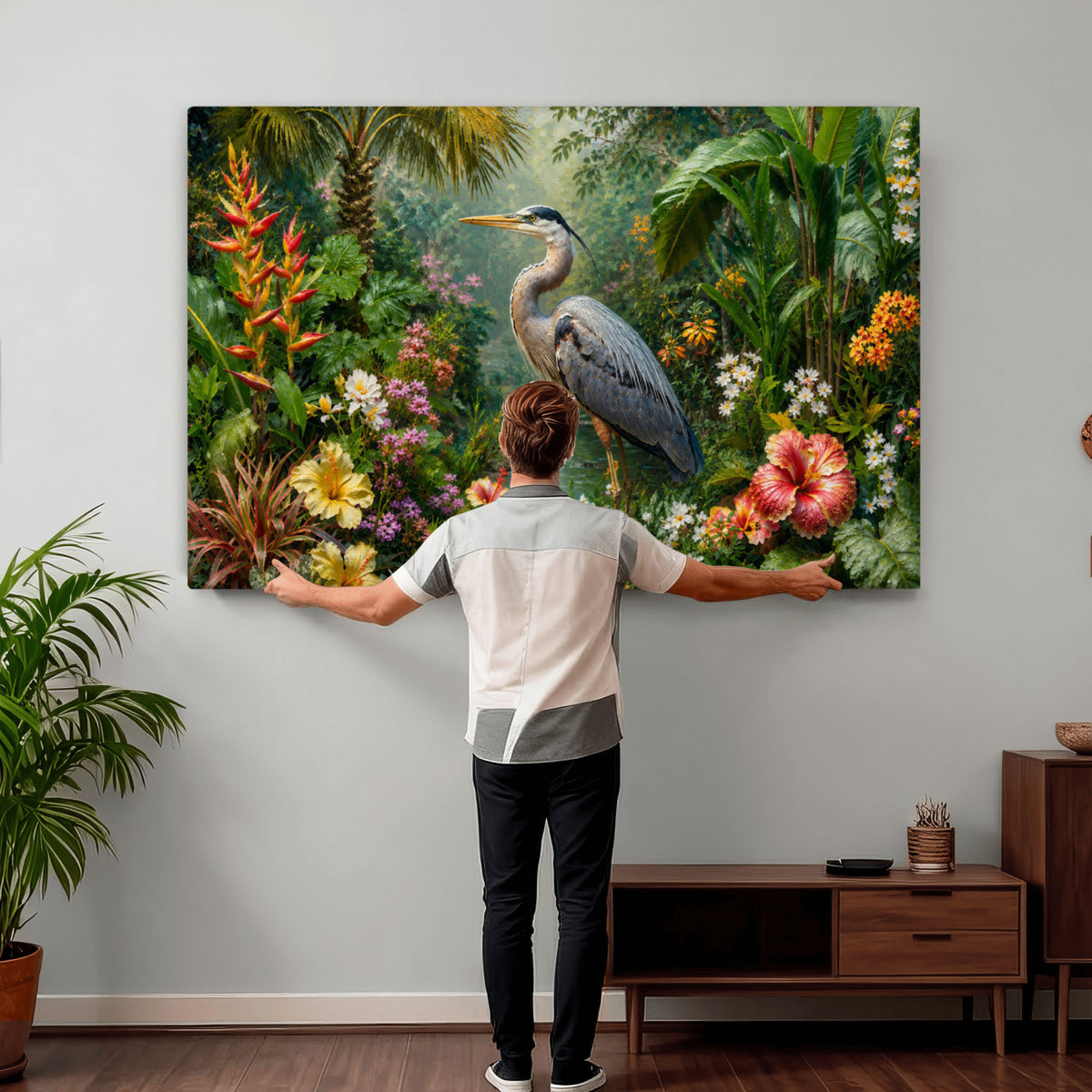 81059387-MGV-CV-36X24 - Great Blue Heron Tropical Jungle Wall Art Canvas Print, Exotic Botanical Garden Painting Print