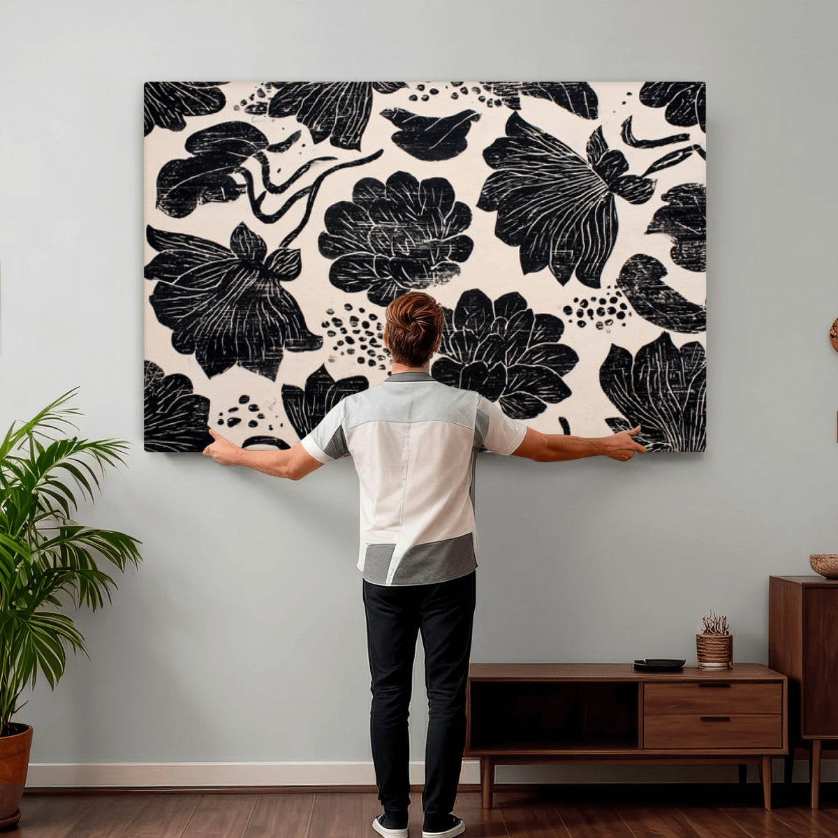 81787117-MGV-CV-36X24 - Linocut Black Lotus Floral Wall Art Canvas Print, Vintage Monochrome Botanical Painting Print