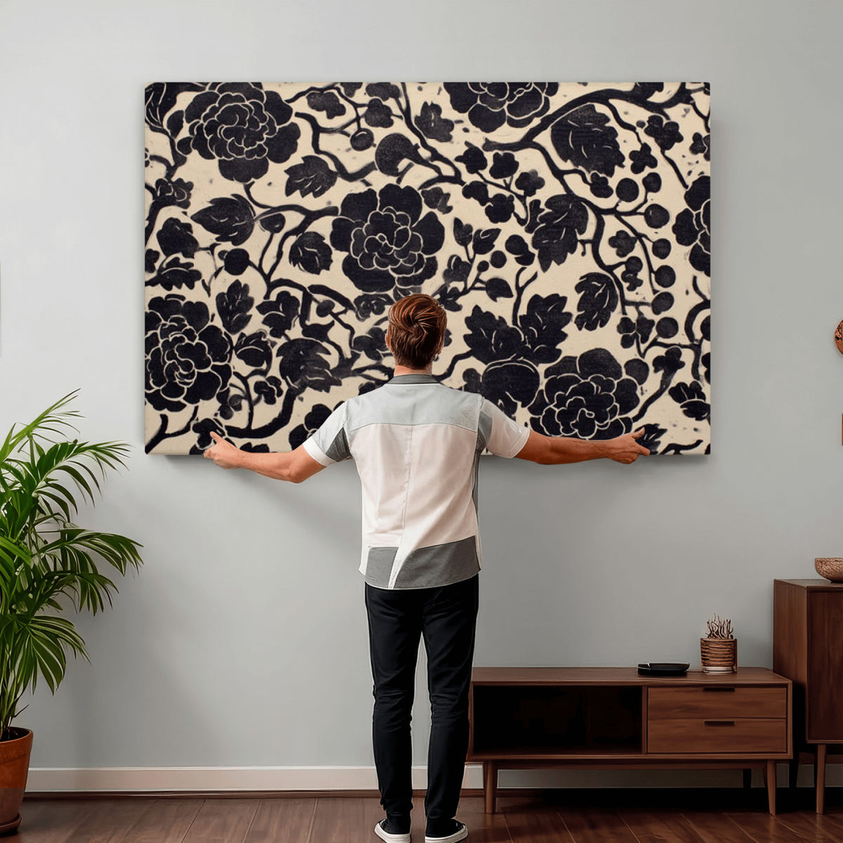 86696255-MGV-CV-36X24 - Vintage Black and Cream Floral Wall Art Canvas Print, Chinoiserie Botanical Painting Print