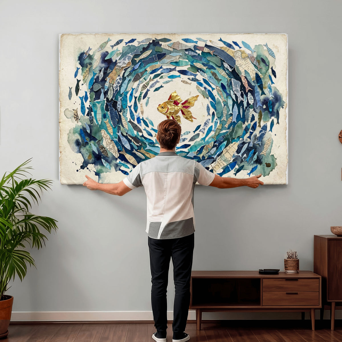 73165663-MGV-CV-36X24 - Mixed Media Blue Fish Swirl Canvas Wall Art, Goldfish Collage Ocean Print