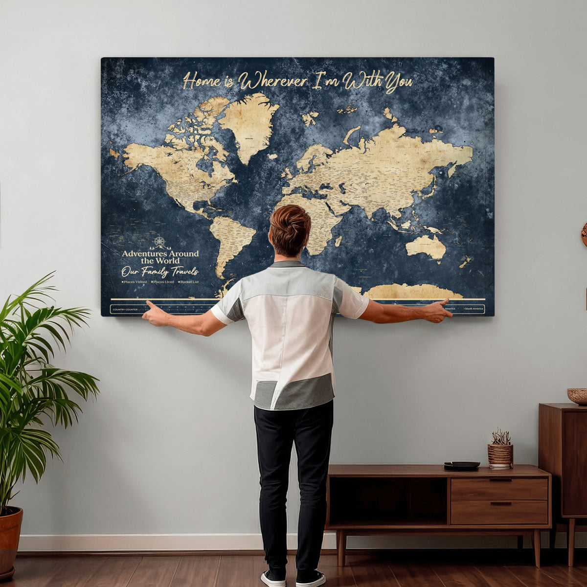 98668848-MGV-CV-36X24 - Our Family Adventures Push Pin World Map Wall Art Canvas Print - Family Travel Tracker Map with Pins