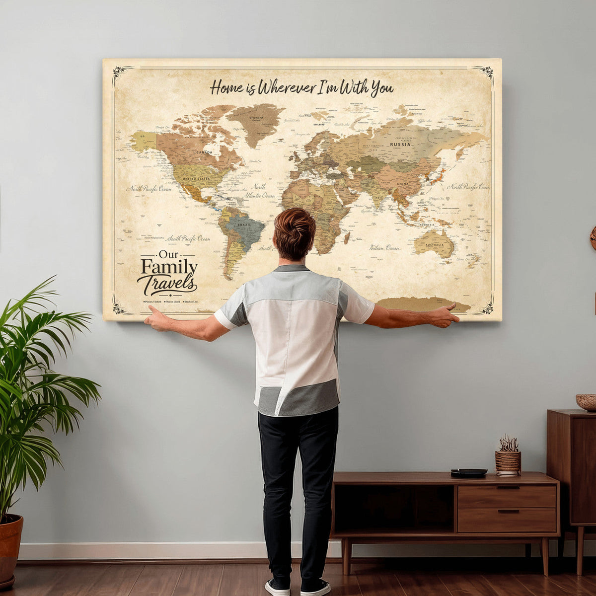 94272126-MGV-CV-36X24 - Our Family Adventures Push Pin World Map Wall Art Canvas Print - Family Travel Tracker Map with Pins