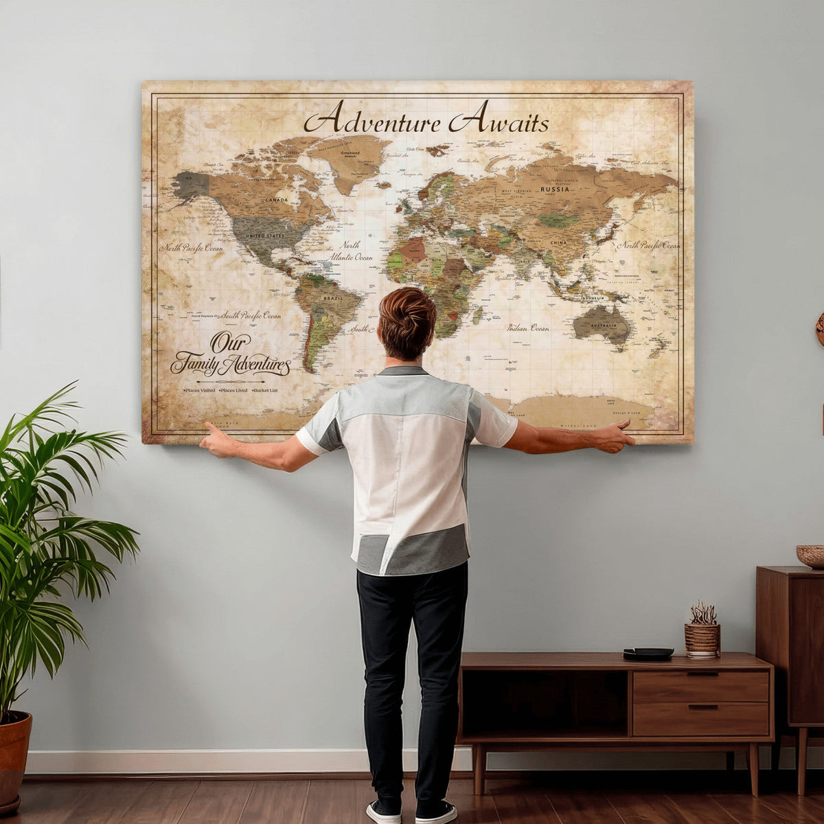 95783582-MGV-CV-36X24 - Our Family Adventures Push Pin World Map Wall Art Canvas Print - Family Travel Tracker Map with Pins