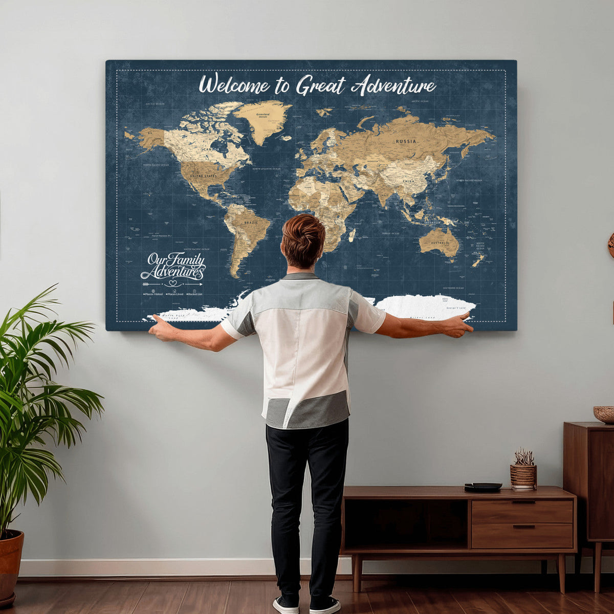 86877844-MGV-CV-36X24 - Our Family Adventures Push Pin World Map Wall Art Canvas Print - Family Travel Tracker Map with Pins