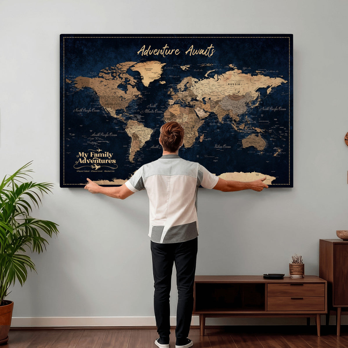 82827666-MGV-CV-36X24 - Our Family Adventures Push Pin World Map Wall Art Canvas Print - Family Travel Tracker Map with Pins