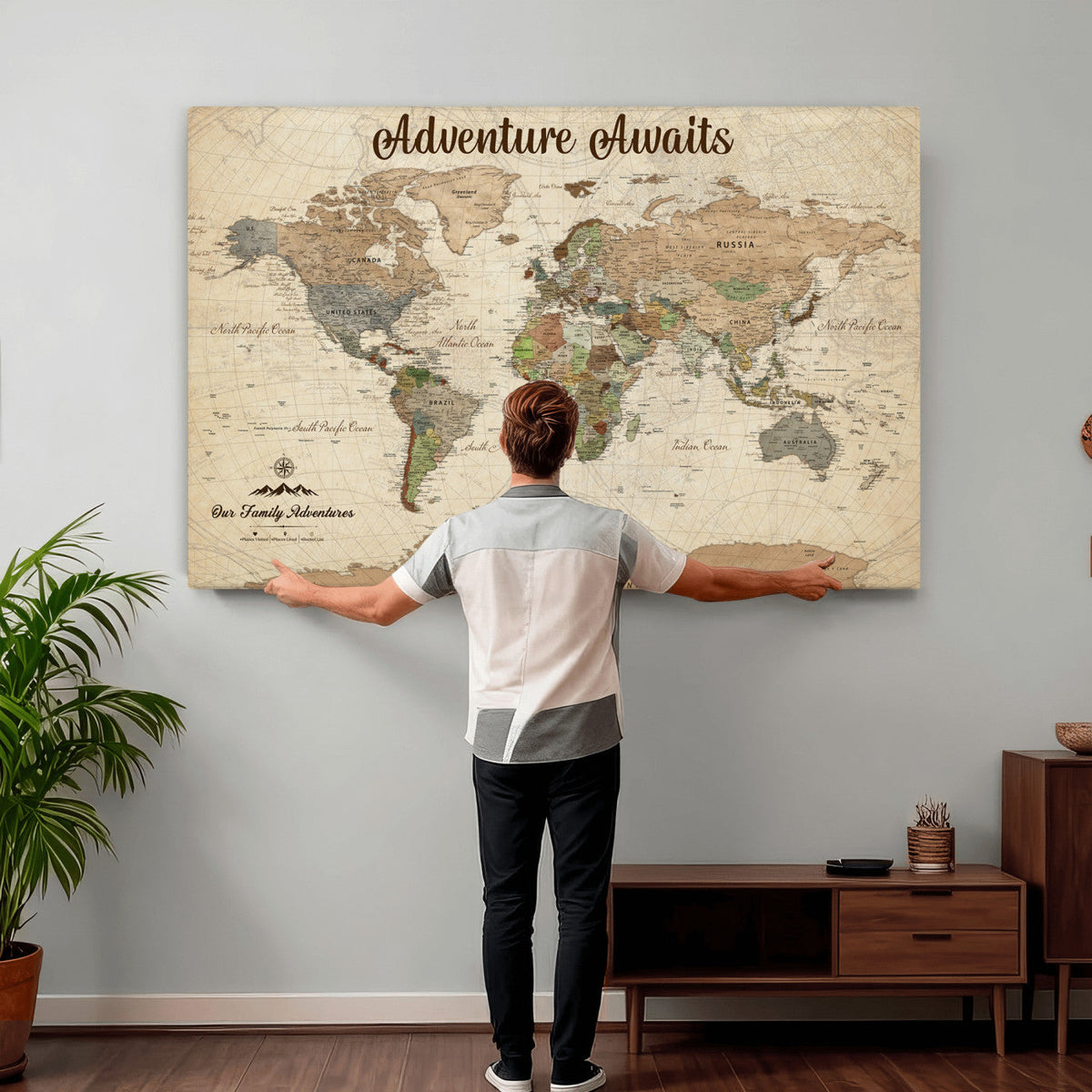 12264959-MGV-CV-36X24 - Our Family Adventures Push Pin World Map Wall Art Canvas Print - Family Travel Tracker Map with Pins