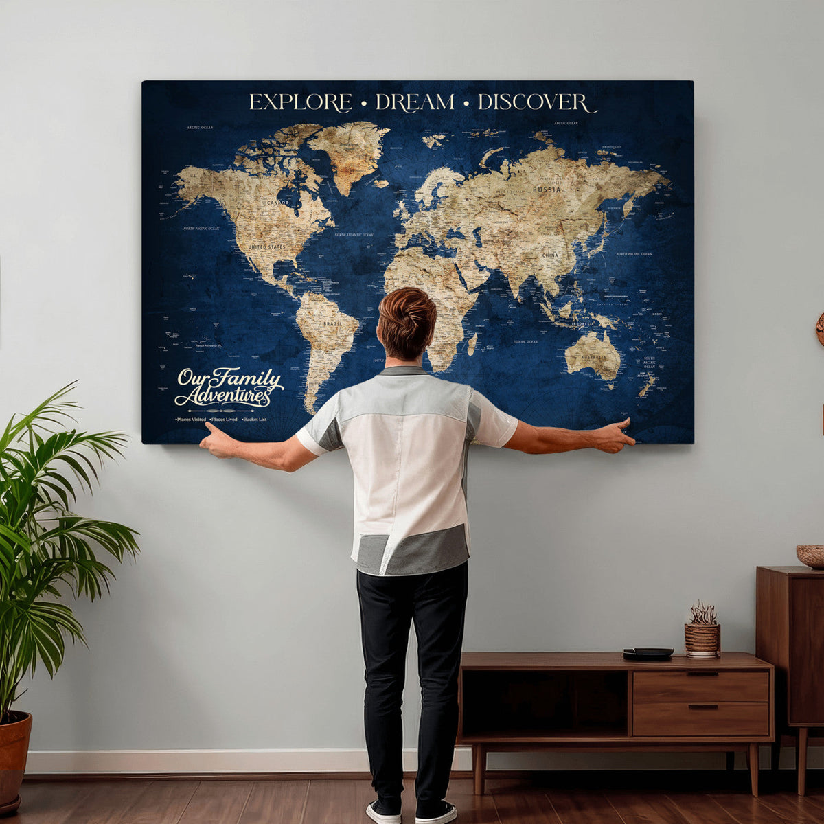 96125512-MGV-CV-36X24 - Our Family Adventures Push Pin World Map Wall Art Canvas Print - Family Travel Tracker Map with Pins