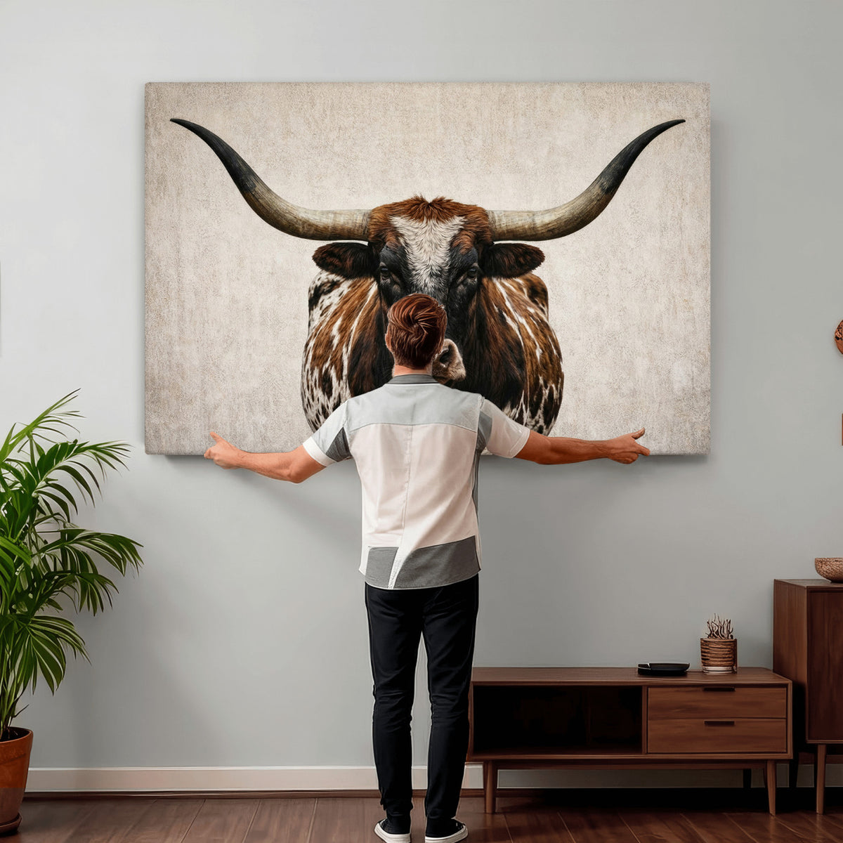 58622065-_Poster-30x20 - Texas Longhorn Canvas Wall Art, Western Bull in a Moody Grey Desert, Rustic Farmhouse Decor for Living Room