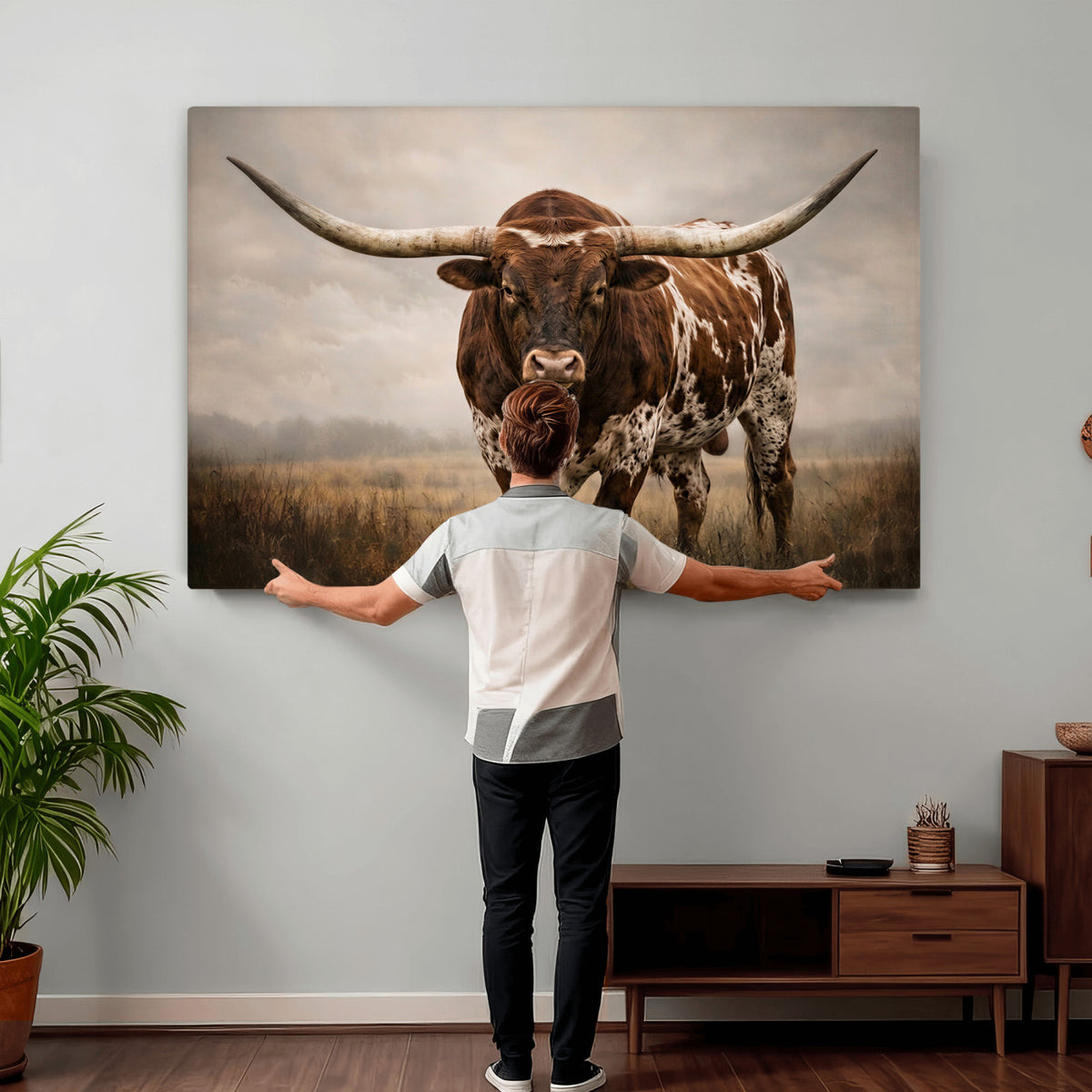 25239047A-MGV-CV-36X24 - Texas Longhorn Canvas Wall Art Western Bull Desert Moody Grey Overcast Rustic Farmhouse Framed Large for Living Room Bedroom Office Decor