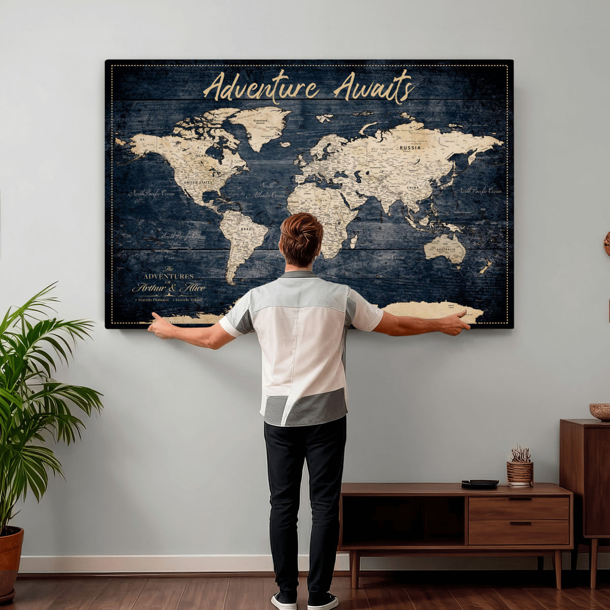 68817382-MGV-CV-36X24 - Extra Large Vintage Personalized Push Pin World Map Wall Art Canvas Print