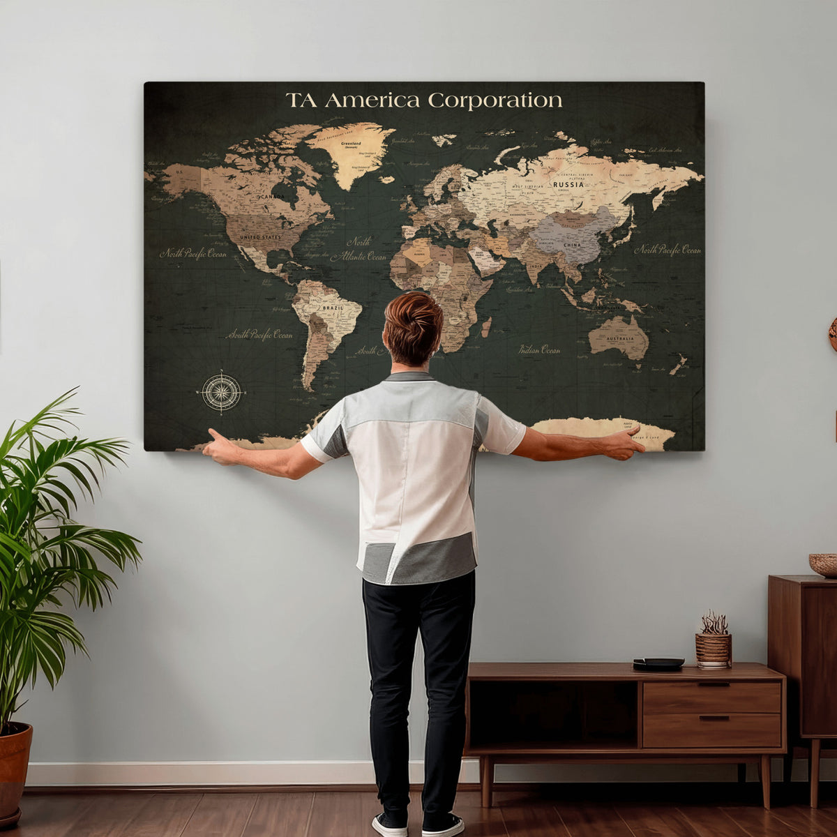 55857205-MGV-CV-36X24 - Extra Large Framed Personalize Push Pin World Map Wall Art Canvas Print for Travel Tracking
