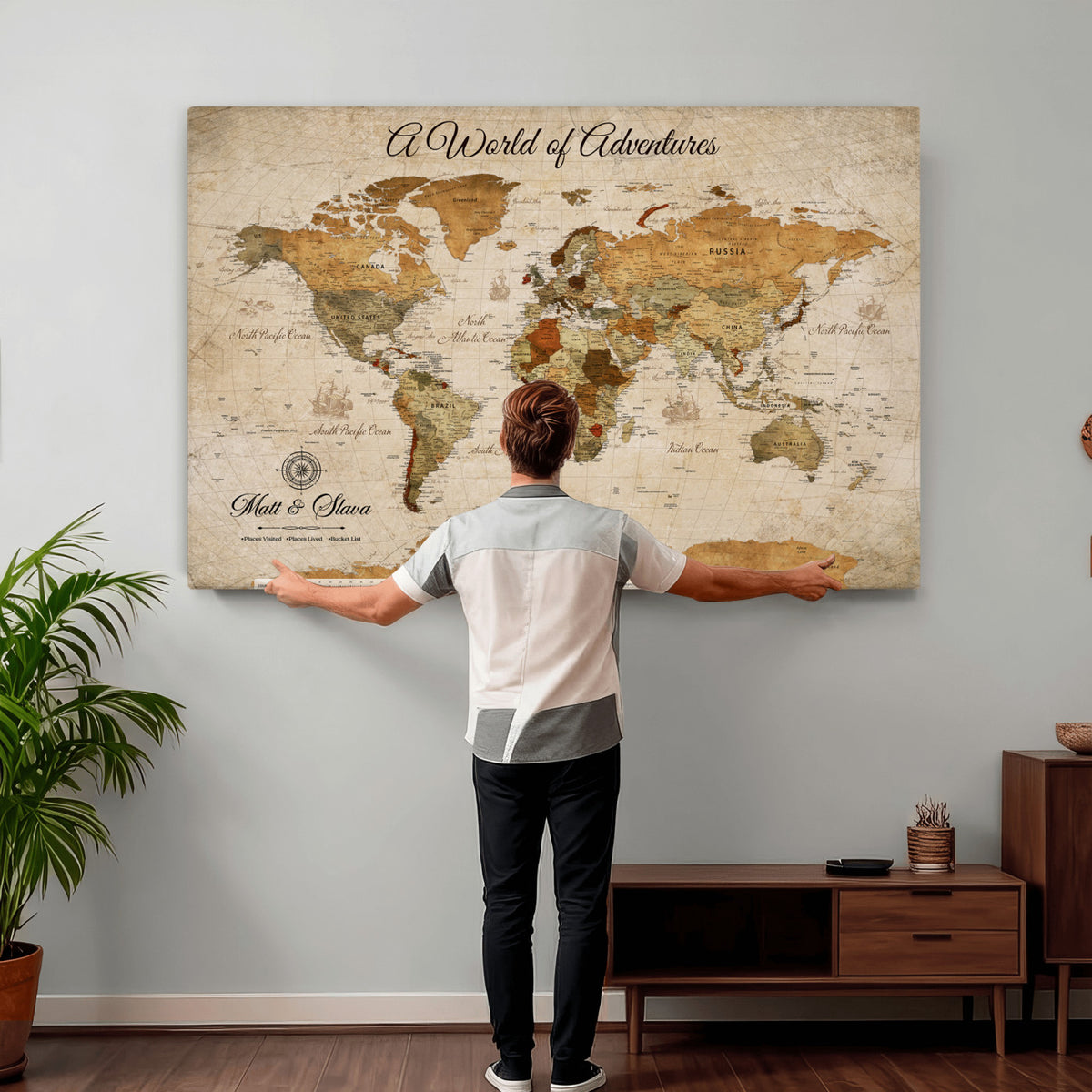 88768647-MGV-CV-36X24 - Extra Large Framed Personalize Push Pin World Map Wall Art Canvas Print for Travel Tracking
