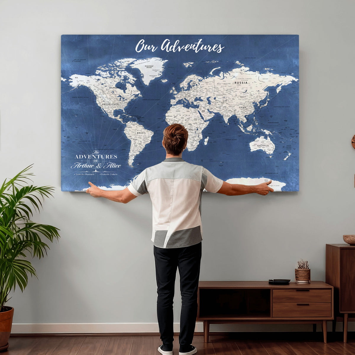 75405527-MGV-CV-36X24 - Extra Large Framed Personalize Push Pin World Map Wall Art Canvas Print for Travel Tracking