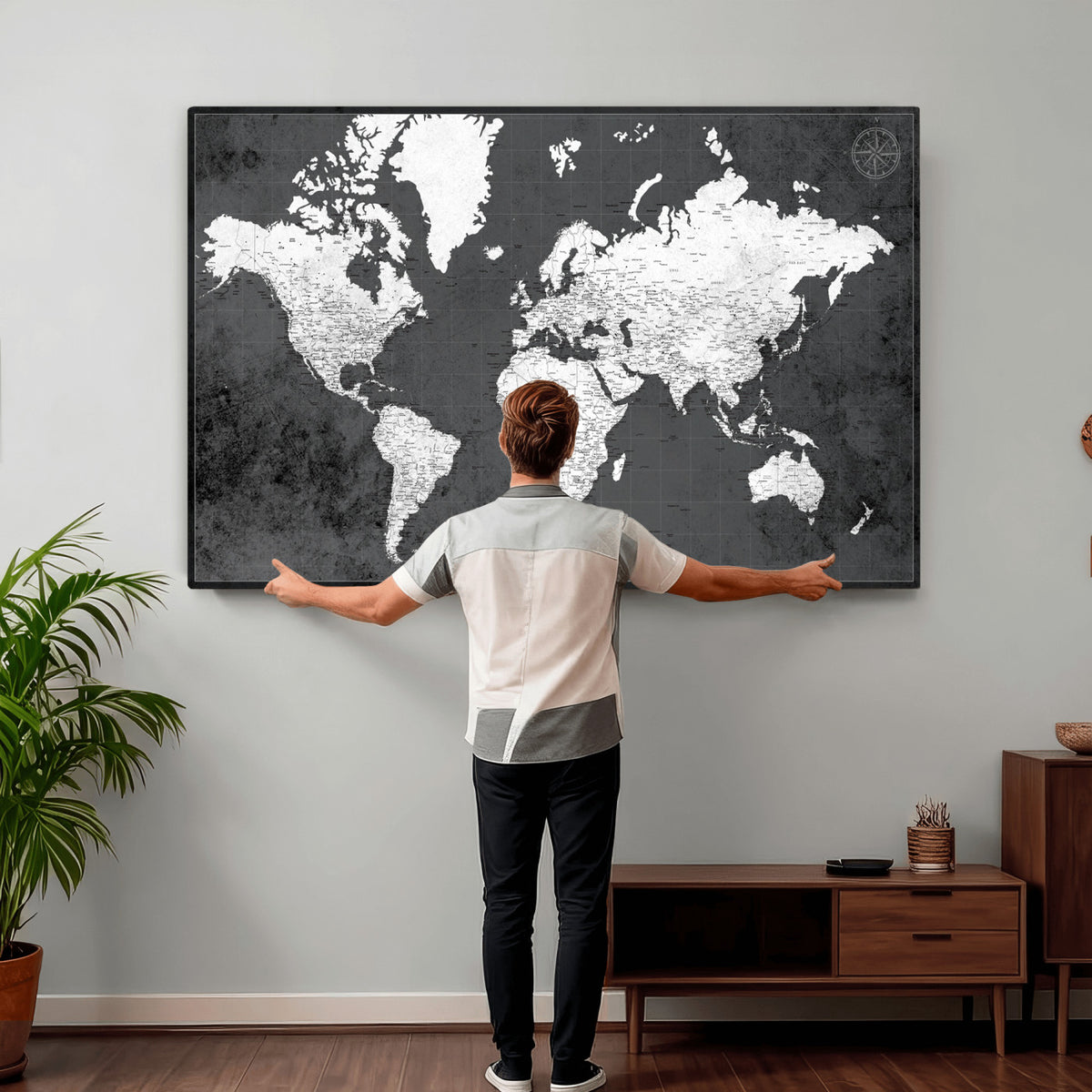 78574966-MGV-CV-36X24 - Extra Large Framed Personalize Push Pin World Map Wall Art Canvas Print for Travel Tracking