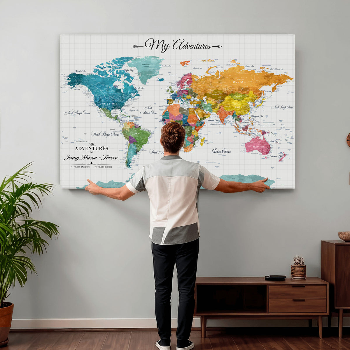 66743043-MGV-CV-36X24 - Extra Large Framed Personalize Push Pin World Map Wall Art Canvas Print for Travel Tracking