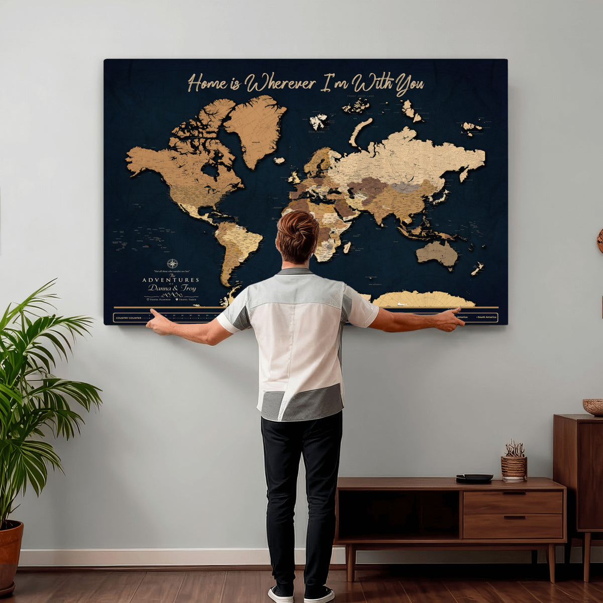 13903533-MGV-CV-36X24 - Extra Large Framed Personalize Push Pin World Map Wall Art Canvas Print for Travel Tracking