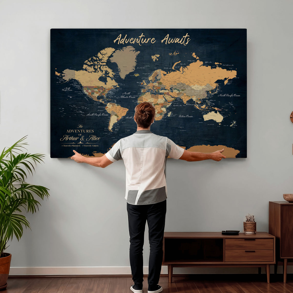 13350960-MGV-CV-36X24 - Extra Large Framed Personalize Push Pin World Map Wall Art Canvas Print for Travel Tracking