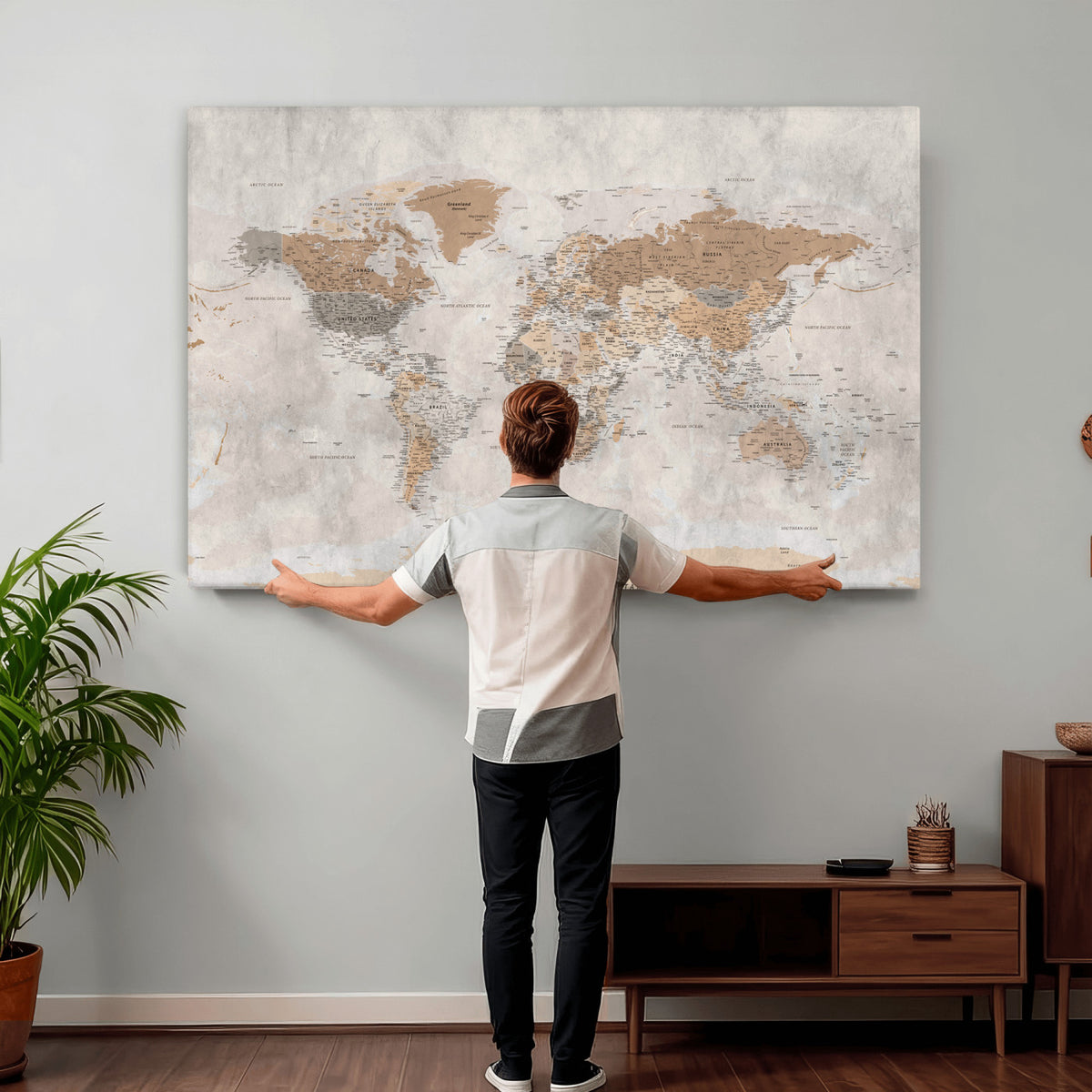 18074626DD-MGV-CV-36X24 - Extra Large Framed Personalize Push Pin World Map Wall Art Canvas Print for Travel Tracking NEWMAP - 009