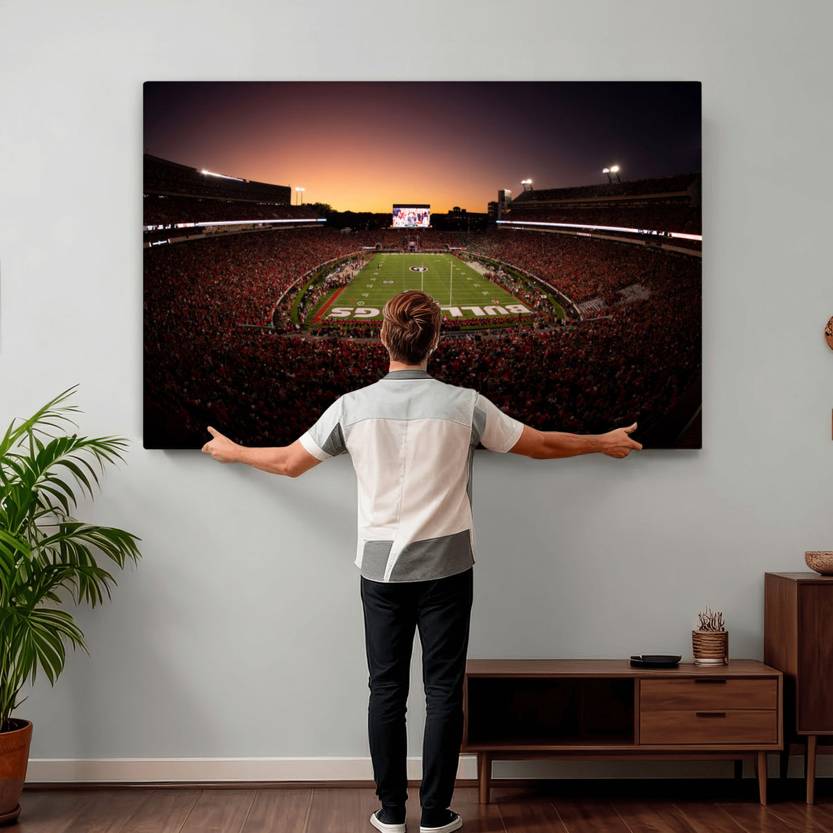 97720998-_Poster-30x20 - Georgia Bulldogs Stadium Sunset Canvas Print 3 Piece Framed Wall Art Extra Large Floating Frame Sports Poster Made in USA