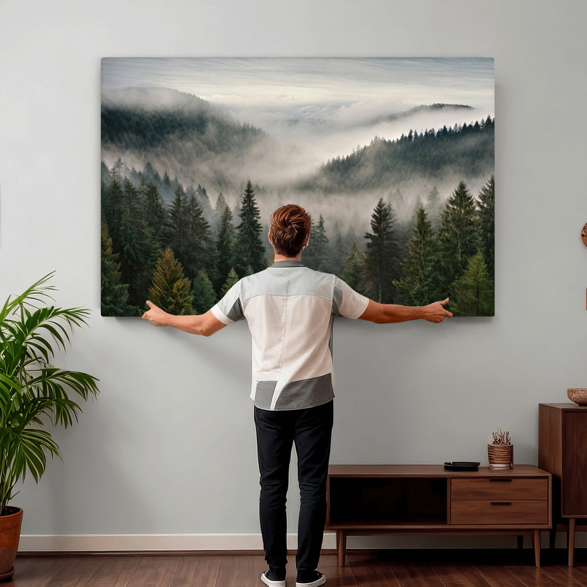 38409495-_Poster-30x20 - Misty Pine Valley Mountain Canvas Print 3 Piece Framed Wall Art Extra Large Floating Frame Nature Poster Made in USA